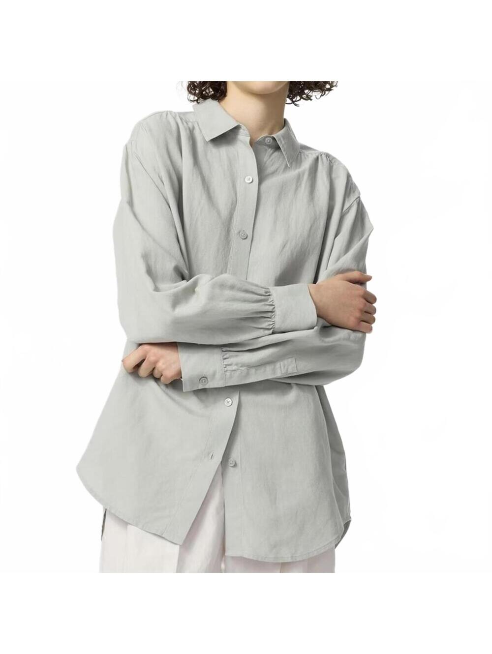 Uniqlo Linen Blend Oversized Shirt Button Up Green NWT Large - Picture 2 of 7